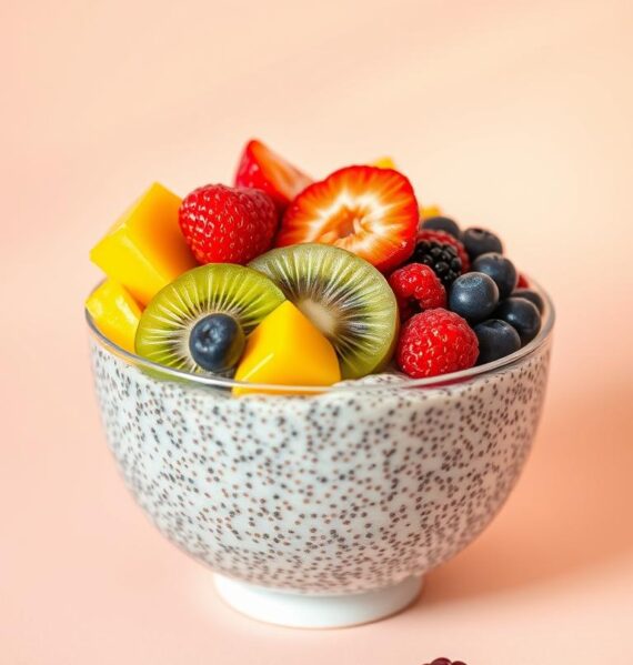 A bountiful breakfast bowl filled with luscious chia pudding, topped with an array of vibrant fresh fruit - juicy berries, sliced kiwi, and colorful mango cubes. The bowl is set against a soft, pastel-toned background, bathed in warm, diffused lighting that accentuates the natural textures and colors. The composition is balanced, with the bowl positioned slightly off-center, allowing ample negative space to create a calming, minimalist aesthetic. The overall mood is one of nourishment, simplicity, and tranquility - a comforting start to the day.