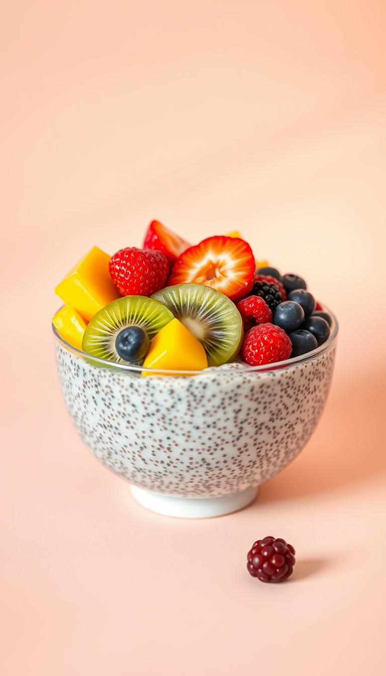A bountiful breakfast bowl filled with luscious chia pudding, topped with an array of vibrant fresh fruit - juicy berries, sliced kiwi, and colorful mango cubes. The bowl is set against a soft, pastel-toned background, bathed in warm, diffused lighting that accentuates the natural textures and colors. The composition is balanced, with the bowl positioned slightly off-center, allowing ample negative space to create a calming, minimalist aesthetic. The overall mood is one of nourishment, simplicity, and tranquility - a comforting start to the day.