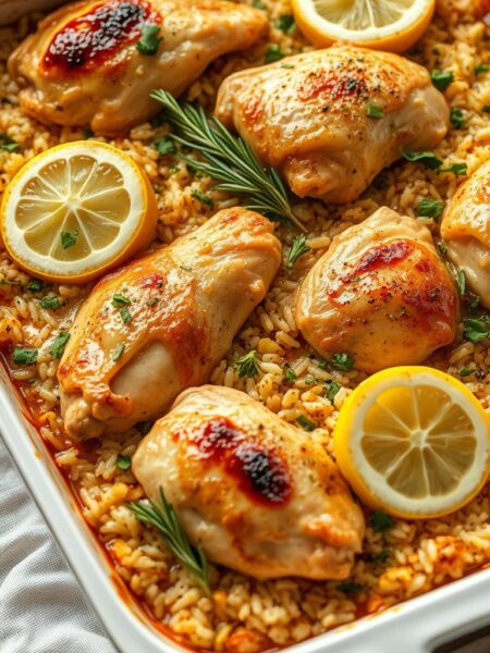 A bountiful casserole dish, freshly baked, sits atop a linen tablecloth. The tender chicken thighs are nestled among fragrant lemon-infused rice, accented with vibrant herbs like thyme, rosemary, and parsley. The surface glistens with a golden-brown crust, inviting the viewer to savor the comforting aroma. Soft, diffused lighting casts a warm glow, creating an atmosphere of nourishment and homestyle charm. The image is captured at a slight angle, highlighting the layered textures and colors of this hearty, family-friendly meal.