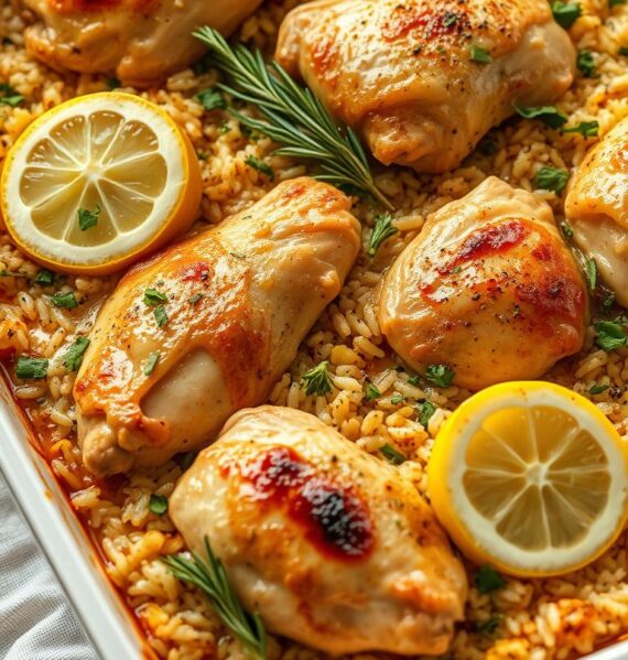 A bountiful casserole dish, freshly baked, sits atop a linen tablecloth. The tender chicken thighs are nestled among fragrant lemon-infused rice, accented with vibrant herbs like thyme, rosemary, and parsley. The surface glistens with a golden-brown crust, inviting the viewer to savor the comforting aroma. Soft, diffused lighting casts a warm glow, creating an atmosphere of nourishment and homestyle charm. The image is captured at a slight angle, highlighting the layered textures and colors of this hearty, family-friendly meal.