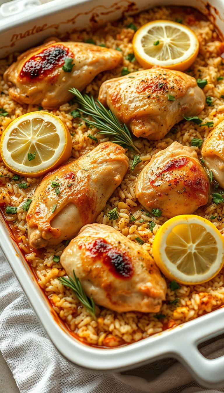 A bountiful casserole dish, freshly baked, sits atop a linen tablecloth. The tender chicken thighs are nestled among fragrant lemon-infused rice, accented with vibrant herbs like thyme, rosemary, and parsley. The surface glistens with a golden-brown crust, inviting the viewer to savor the comforting aroma. Soft, diffused lighting casts a warm glow, creating an atmosphere of nourishment and homestyle charm. The image is captured at a slight angle, highlighting the layered textures and colors of this hearty, family-friendly meal.