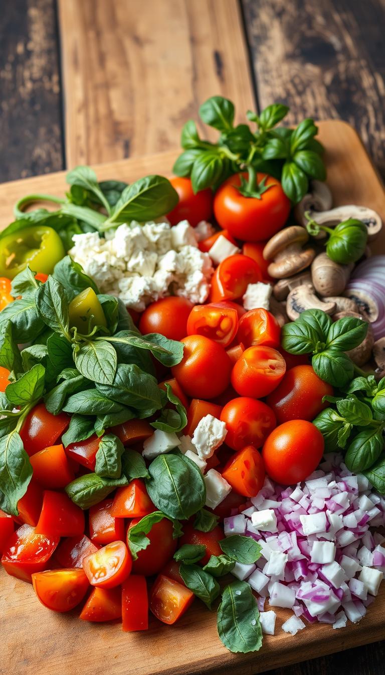 A bountiful collection of freshly chopped vegetables and herbs, glistening with a light film of olive oil, arranged artfully on a wooden cutting board. In the foreground, a vibrant array of bell peppers, cherry tomatoes, spinach leaves, and fragrant basil sprigs. In the middle ground, crumbled feta cheese, sliced mushrooms, and diced red onions. The background features a rustic, reclaimed wood surface, illuminated by soft, natural lighting that casts a warm, inviting glow. The overall mood is one of health, balance, and culinary inspiration, perfectly capturing the essence of a nourishing, vegetable-forward breakfast pizza.