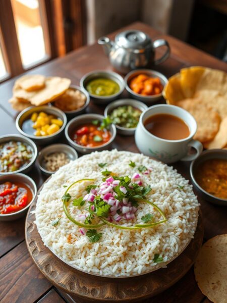 A bountiful spread of traditional Indian breakfast dishes, meticulously arranged on a rustic wooden table. In the foreground, a steaming bowl of fluffy poha (flattened rice), garnished with freshly chopped onions, cilantro, and a generous squeeze of lime. Surrounding it, an assortment of colorful chutneys, crisp papadums, and a piping hot cup of aromatic chai. Soft morning light filters in through a nearby window, casting a warm glow over the scene. The atmosphere is one of homely comfort and vibrant flavors, inviting the viewer to savor the array of aromatic and textural delights that embody the essence of an authentic Indian breakfast.