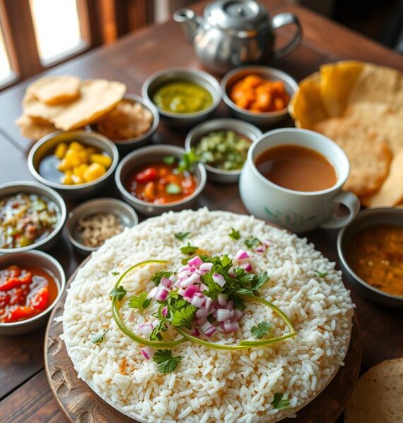 A bountiful spread of traditional Indian breakfast dishes, meticulously arranged on a rustic wooden table. In the foreground, a steaming bowl of fluffy poha (flattened rice), garnished with freshly chopped onions, cilantro, and a generous squeeze of lime. Surrounding it, an assortment of colorful chutneys, crisp papadums, and a piping hot cup of aromatic chai. Soft morning light filters in through a nearby window, casting a warm glow over the scene. The atmosphere is one of homely comfort and vibrant flavors, inviting the viewer to savor the array of aromatic and textural delights that embody the essence of an authentic Indian breakfast.