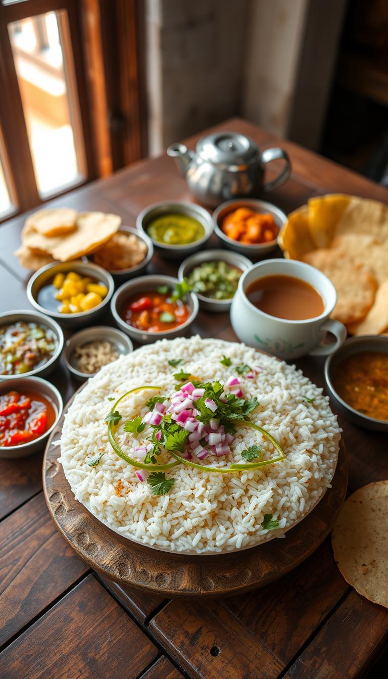A bountiful spread of traditional Indian breakfast dishes, meticulously arranged on a rustic wooden table. In the foreground, a steaming bowl of fluffy poha (flattened rice), garnished with freshly chopped onions, cilantro, and a generous squeeze of lime. Surrounding it, an assortment of colorful chutneys, crisp papadums, and a piping hot cup of aromatic chai. Soft morning light filters in through a nearby window, casting a warm glow over the scene. The atmosphere is one of homely comfort and vibrant flavors, inviting the viewer to savor the array of aromatic and textural delights that embody the essence of an authentic Indian breakfast.