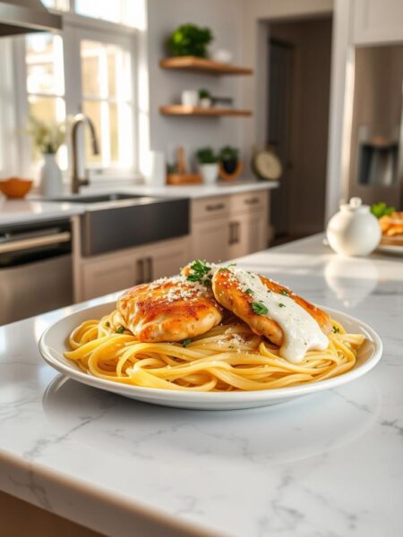 A bright, airy kitchen interior with a marble countertop showcasing a steaming plate of spaghetti squash chicken alfredo. The chicken is golden-brown and glistening, nestled atop tender strands of spaghetti squash. Fresh herbs, grated parmesan, and a drizzle of creamy alfredo sauce adorn the dish. Soft, natural lighting filters in through large windows, casting a warm glow. Stainless steel appliances and minimal decor create a clean, modern aesthetic. The overall scene exudes a sense of health, comfort, and culinary delight.