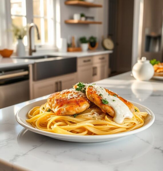 A bright, airy kitchen interior with a marble countertop showcasing a steaming plate of spaghetti squash chicken alfredo. The chicken is golden-brown and glistening, nestled atop tender strands of spaghetti squash. Fresh herbs, grated parmesan, and a drizzle of creamy alfredo sauce adorn the dish. Soft, natural lighting filters in through large windows, casting a warm glow. Stainless steel appliances and minimal decor create a clean, modern aesthetic. The overall scene exudes a sense of health, comfort, and culinary delight.