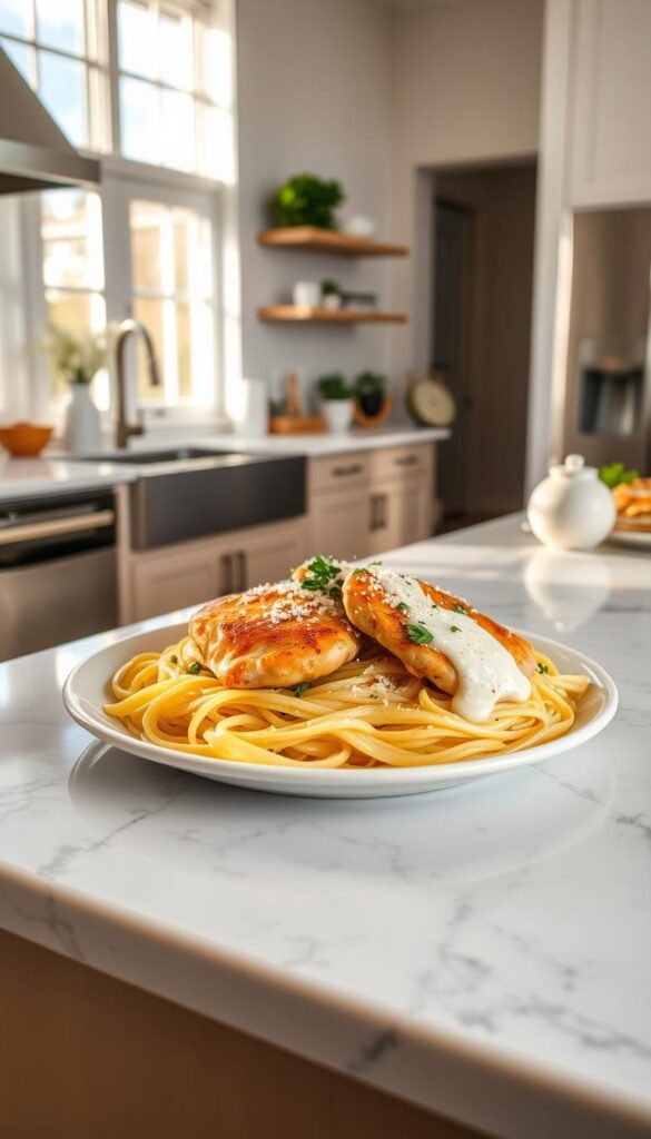 A bright, airy kitchen interior with a marble countertop showcasing a steaming plate of spaghetti squash chicken alfredo. The chicken is golden-brown and glistening, nestled atop tender strands of spaghetti squash. Fresh herbs, grated parmesan, and a drizzle of creamy alfredo sauce adorn the dish. Soft, natural lighting filters in through large windows, casting a warm glow. Stainless steel appliances and minimal decor create a clean, modern aesthetic. The overall scene exudes a sense of health, comfort, and culinary delight.
