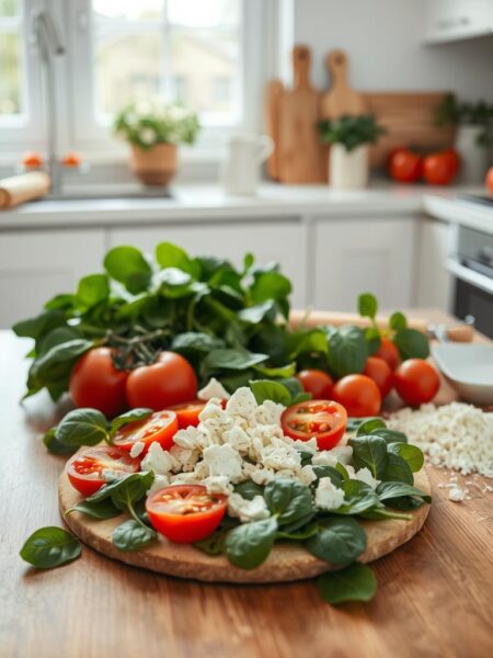 A bright, airy kitchen setting with a wooden table in the foreground, showcasing a selection of healthy breakfast pizza ingredients. In the center, an assortment of fresh spinach leaves, crumbled feta cheese, and ripe, juicy tomatoes. Surrounding these, various baking essentials like a rolling pin, flour, and a pizza stone, all illuminated by natural light filtering through large windows. The overall scene evokes a sense of culinary creativity and nourishment, setting the stage for a delicious and visually appealing spinach, feta, and tomato flatbread pizza.