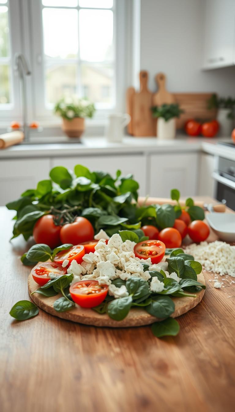 A bright, airy kitchen setting with a wooden table in the foreground, showcasing a selection of healthy breakfast pizza ingredients. In the center, an assortment of fresh spinach leaves, crumbled feta cheese, and ripe, juicy tomatoes. Surrounding these, various baking essentials like a rolling pin, flour, and a pizza stone, all illuminated by natural light filtering through large windows. The overall scene evokes a sense of culinary creativity and nourishment, setting the stage for a delicious and visually appealing spinach, feta, and tomato flatbread pizza.