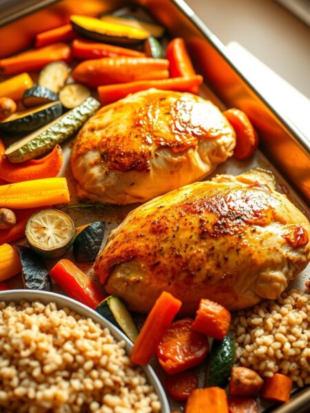 A brightly lit kitchen scene, with a baking sheet of golden-brown chicken breasts surrounded by a medley of roasted vegetables - vibrant carrots, zucchini, and bell peppers. The vegetables are glistening with a light drizzle of olive oil, their edges caramelized to perfection. Soft, fluffy quinoa is served alongside, complementing the savory flavors. The overall composition evokes a sense of balance, health, and culinary delight. Warm, natural lighting creates a cozy, inviting atmosphere, drawing the viewer's attention to the nourishing, heart-healthy feast. The scene is captured from a slightly elevated angle, showcasing the dish in an appetizing, professional-grade food photography style.