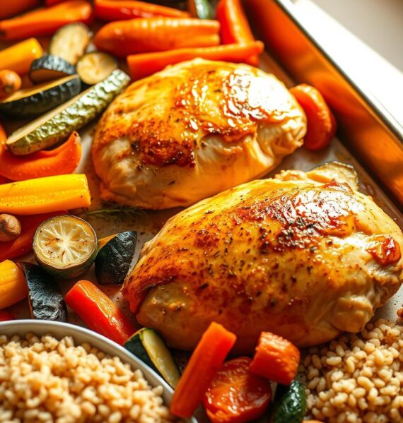 A brightly lit kitchen scene, with a baking sheet of golden-brown chicken breasts surrounded by a medley of roasted vegetables - vibrant carrots, zucchini, and bell peppers. The vegetables are glistening with a light drizzle of olive oil, their edges caramelized to perfection. Soft, fluffy quinoa is served alongside, complementing the savory flavors. The overall composition evokes a sense of balance, health, and culinary delight. Warm, natural lighting creates a cozy, inviting atmosphere, drawing the viewer's attention to the nourishing, heart-healthy feast. The scene is captured from a slightly elevated angle, showcasing the dish in an appetizing, professional-grade food photography style.
