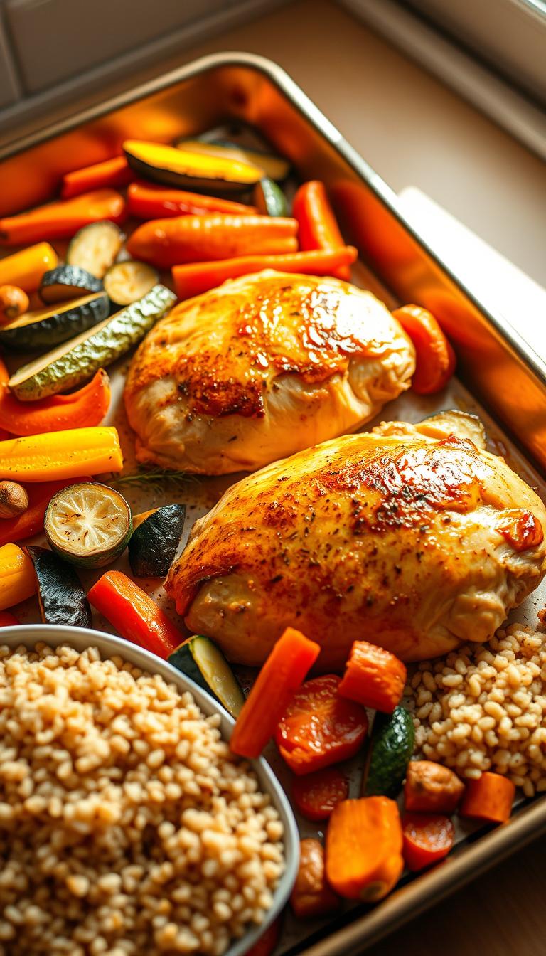 A brightly lit kitchen scene, with a baking sheet of golden-brown chicken breasts surrounded by a medley of roasted vegetables - vibrant carrots, zucchini, and bell peppers. The vegetables are glistening with a light drizzle of olive oil, their edges caramelized to perfection. Soft, fluffy quinoa is served alongside, complementing the savory flavors. The overall composition evokes a sense of balance, health, and culinary delight. Warm, natural lighting creates a cozy, inviting atmosphere, drawing the viewer's attention to the nourishing, heart-healthy feast. The scene is captured from a slightly elevated angle, showcasing the dish in an appetizing, professional-grade food photography style.