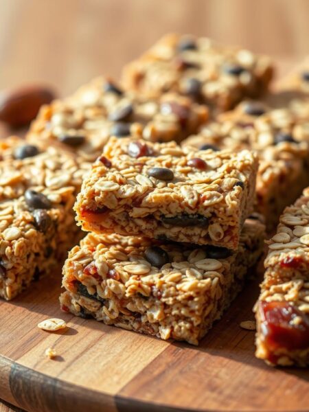 A close-up, high-resolution photograph of homemade no-bake granola bars on a wooden board. The bars are made with a mixture of rolled oats, dates, nuts, seeds, and a drizzle of honey. The surface is slightly textured, with visible pieces of ingredients. Warm, natural lighting from the side casts soft shadows, accentuating the delicate layers and crumbly texture. The composition is centered, with the bars occupying the majority of the frame. The background is a clean, neutral wood surface, allowing the healthy, wholesome granola bars to be the focal point.