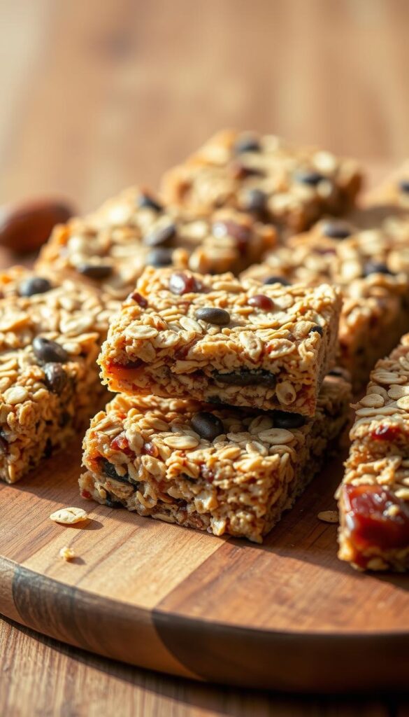 A close-up, high-resolution photograph of homemade no-bake granola bars on a wooden board. The bars are made with a mixture of rolled oats, dates, nuts, seeds, and a drizzle of honey. The surface is slightly textured, with visible pieces of ingredients. Warm, natural lighting from the side casts soft shadows, accentuating the delicate layers and crumbly texture. The composition is centered, with the bars occupying the majority of the frame. The background is a clean, neutral wood surface, allowing the healthy, wholesome granola bars to be the focal point.