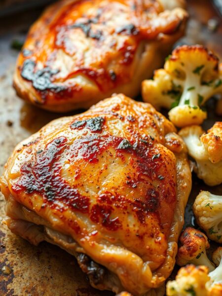 A close-up photograph of freshly baked chicken thighs, crispy golden-brown skin glistening under warm, natural lighting. The thighs are arranged on a rustic baking sheet, alongside roasted cauliflower florets, lightly charred and tossed in fragrant olive oil and herbs. The composition emphasizes the tender, juicy meat and the complementary textures of the vegetables. The overall scene conveys an inviting, homemade ambiance, perfect for a nourishing, low-carb dinner.