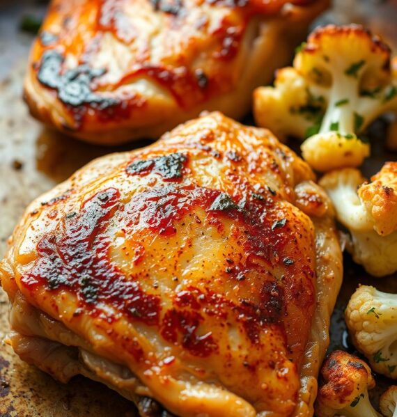 A close-up photograph of freshly baked chicken thighs, crispy golden-brown skin glistening under warm, natural lighting. The thighs are arranged on a rustic baking sheet, alongside roasted cauliflower florets, lightly charred and tossed in fragrant olive oil and herbs. The composition emphasizes the tender, juicy meat and the complementary textures of the vegetables. The overall scene conveys an inviting, homemade ambiance, perfect for a nourishing, low-carb dinner.