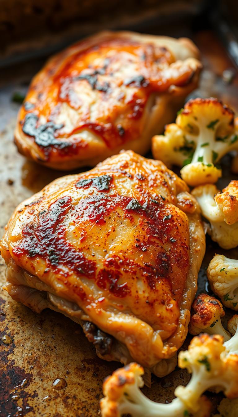 A close-up photograph of freshly baked chicken thighs, crispy golden-brown skin glistening under warm, natural lighting. The thighs are arranged on a rustic baking sheet, alongside roasted cauliflower florets, lightly charred and tossed in fragrant olive oil and herbs. The composition emphasizes the tender, juicy meat and the complementary textures of the vegetables. The overall scene conveys an inviting, homemade ambiance, perfect for a nourishing, low-carb dinner.