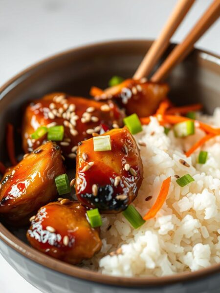 A close-up shot of a ceramic bowl filled with steaming white rice and tender, glistening pieces of juicy teriyaki-glazed chicken. The chicken is seared to a perfect golden-brown, gently seasoned with aromatic ginger, garlic, and toasted sesame seeds. Shredded carrots, sliced green onions, and a sprinkle of toasted sesame seeds add vibrant pops of color and texture. The bowl is set against a simple, minimalist background, with soft, even lighting that emphasizes the dish's appetizing appearance. The overall mood is one of simple, wholesome comfort and appetizing deliciousness.