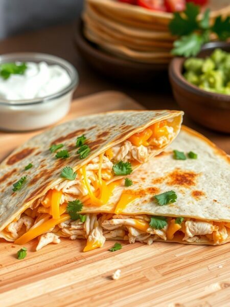 A close-up shot of a delicious quesadilla filled with succulent shredded chicken, melted cheddar cheese, and fresh chopped cilantro, resting on a wooden cutting board. The quesadilla is cut in half, revealing the steaming, gooey interior. In the background, a stack of warm tortillas and a plate of diced tomatoes, sour cream, and guacamole create a mouthwatering Mexican-inspired scene, lit by natural, warm lighting that casts a cozy, inviting atmosphere.