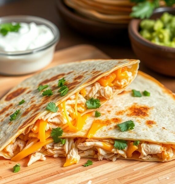 A close-up shot of a delicious quesadilla filled with succulent shredded chicken, melted cheddar cheese, and fresh chopped cilantro, resting on a wooden cutting board. The quesadilla is cut in half, revealing the steaming, gooey interior. In the background, a stack of warm tortillas and a plate of diced tomatoes, sour cream, and guacamole create a mouthwatering Mexican-inspired scene, lit by natural, warm lighting that casts a cozy, inviting atmosphere.