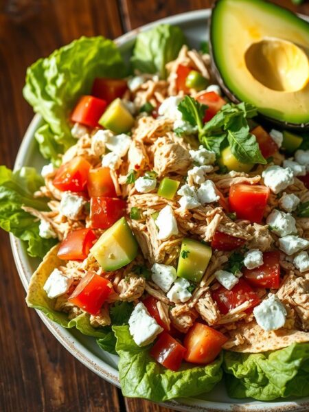 A close-up shot of a hearty southwest-style shredded chicken salad, presented on a rustic wooden table. The salad is composed of vibrant romaine lettuce, tender shredded chicken, diced tomatoes, sliced avocado, crumbled feta cheese, and a scattering of crisp tortilla strips. The salad is dressed in a tangy, zesty lime-cilantro vinaigrette that glistens on the fresh ingredients. The lighting is warm and natural, creating rich shadows and highlights that showcase the salad's textures and colors. The overall image conveys a sense of healthy, flavorful goodness.