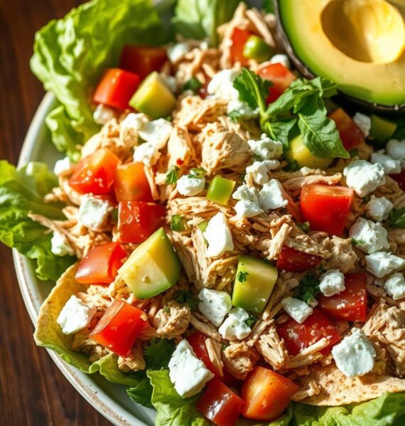 A close-up shot of a hearty southwest-style shredded chicken salad, presented on a rustic wooden table. The salad is composed of vibrant romaine lettuce, tender shredded chicken, diced tomatoes, sliced avocado, crumbled feta cheese, and a scattering of crisp tortilla strips. The salad is dressed in a tangy, zesty lime-cilantro vinaigrette that glistens on the fresh ingredients. The lighting is warm and natural, creating rich shadows and highlights that showcase the salad's textures and colors. The overall image conveys a sense of healthy, flavorful goodness.