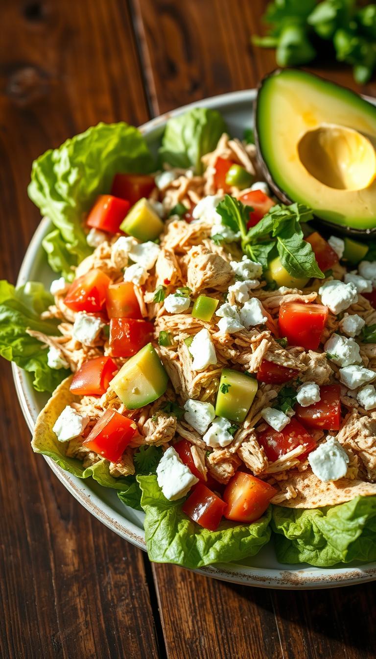 A close-up shot of a hearty southwest-style shredded chicken salad, presented on a rustic wooden table. The salad is composed of vibrant romaine lettuce, tender shredded chicken, diced tomatoes, sliced avocado, crumbled feta cheese, and a scattering of crisp tortilla strips. The salad is dressed in a tangy, zesty lime-cilantro vinaigrette that glistens on the fresh ingredients. The lighting is warm and natural, creating rich shadows and highlights that showcase the salad's textures and colors. The overall image conveys a sense of healthy, flavorful goodness.