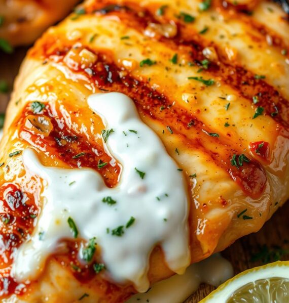 A close-up shot of a juicy grilled chicken breast, marinated in a creamy Greek yogurt sauce, infused with the aromatic flavors of garlic, lemon, and fresh herbs. The chicken glistens under the warm, natural lighting, showcasing its tender, golden-brown exterior. Droplets of the marinade cling to the meat, hinting at the tangy and flavorful profile within. The chicken is positioned on a rustic wooden surface, surrounded by fresh herbs and a slice of lemon, creating a visually appealing and appetizing scene.