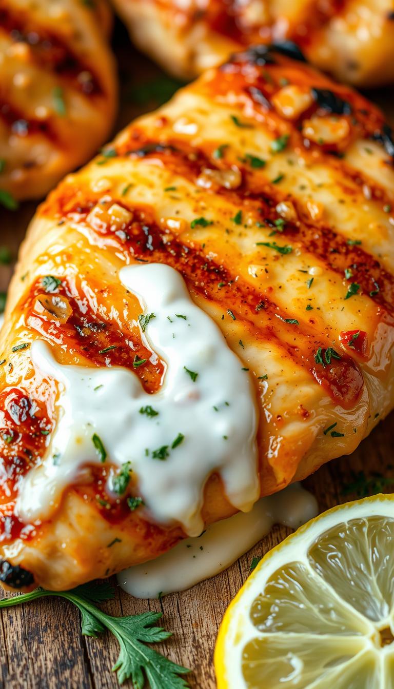 A close-up shot of a juicy grilled chicken breast, marinated in a creamy Greek yogurt sauce, infused with the aromatic flavors of garlic, lemon, and fresh herbs. The chicken glistens under the warm, natural lighting, showcasing its tender, golden-brown exterior. Droplets of the marinade cling to the meat, hinting at the tangy and flavorful profile within. The chicken is positioned on a rustic wooden surface, surrounded by fresh herbs and a slice of lemon, creating a visually appealing and appetizing scene.