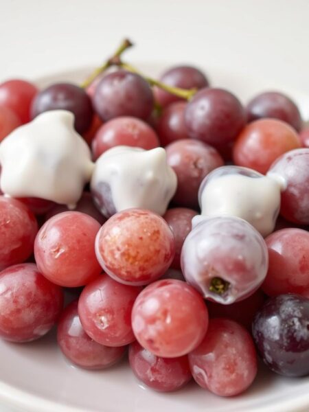 A close-up shot of a plate filled with fresh, juicy grapes coated in a light layer of creamy, tangy frozen yogurt. The grapes are partially submerged in the yogurt, creating an inviting and visually appealing frozen treat. The lighting is soft and diffused, highlighting the delicate texture of the grapes and the sheen of the yogurt coating. The background is a clean, minimalist surface, allowing the snack to be the central focus. The overall mood is fresh, healthy, and indulgent, perfectly capturing the essence of a quick and satisfying fruit-based snack.