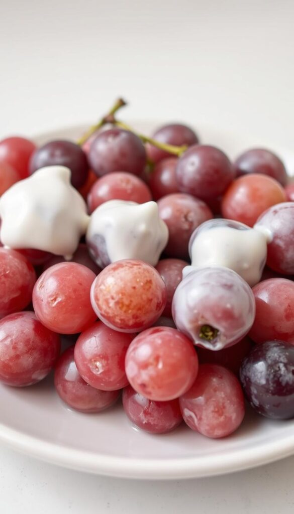A close-up shot of a plate filled with fresh, juicy grapes coated in a light layer of creamy, tangy frozen yogurt. The grapes are partially submerged in the yogurt, creating an inviting and visually appealing frozen treat. The lighting is soft and diffused, highlighting the delicate texture of the grapes and the sheen of the yogurt coating. The background is a clean, minimalist surface, allowing the snack to be the central focus. The overall mood is fresh, healthy, and indulgent, perfectly capturing the essence of a quick and satisfying fruit-based snack.