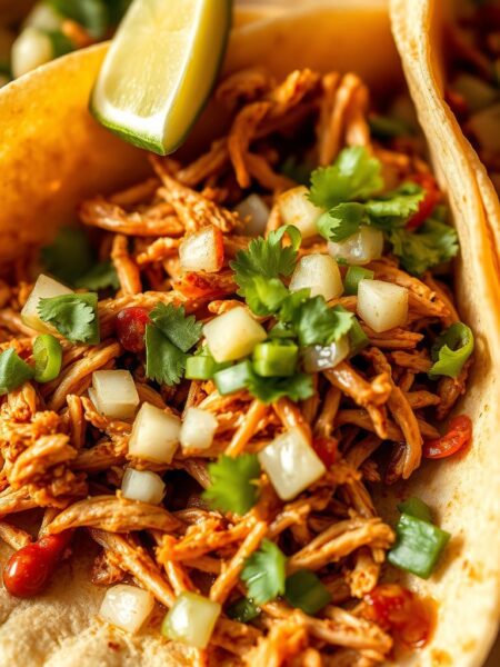 A close-up shot of a plate of authentic Mexican shredded chicken tacos, with the chicken slow-cooked in a blend of aromatic spices, chili peppers, and citrus. The shredded meat is nestled in soft, warm tortillas, topped with diced onions, cilantro, and a squeeze of lime. The lighting is warm and natural, highlighting the vibrant colors of the ingredients. The camera angle is slightly elevated, creating a mouthwatering, appetizing composition that showcases the delicious textures and flavors of this classic Mexican dish.
