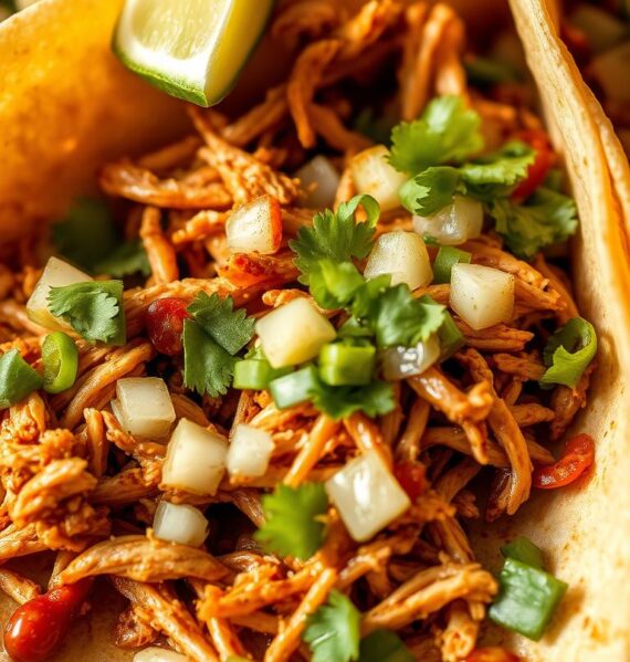 A close-up shot of a plate of authentic Mexican shredded chicken tacos, with the chicken slow-cooked in a blend of aromatic spices, chili peppers, and citrus. The shredded meat is nestled in soft, warm tortillas, topped with diced onions, cilantro, and a squeeze of lime. The lighting is warm and natural, highlighting the vibrant colors of the ingredients. The camera angle is slightly elevated, creating a mouthwatering, appetizing composition that showcases the delicious textures and flavors of this classic Mexican dish.