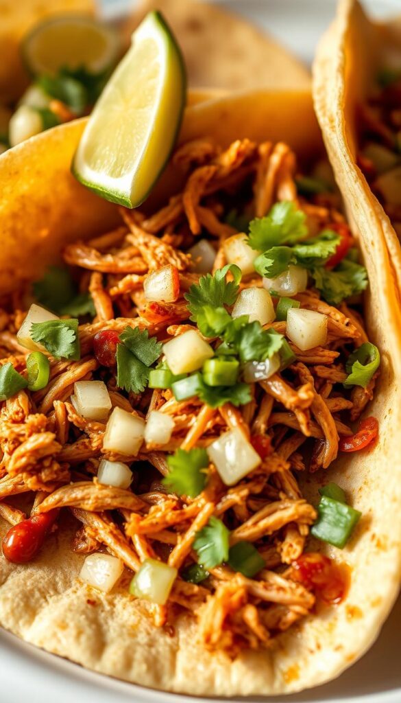 A close-up shot of a plate of authentic Mexican shredded chicken tacos, with the chicken slow-cooked in a blend of aromatic spices, chili peppers, and citrus. The shredded meat is nestled in soft, warm tortillas, topped with diced onions, cilantro, and a squeeze of lime. The lighting is warm and natural, highlighting the vibrant colors of the ingredients. The camera angle is slightly elevated, creating a mouthwatering, appetizing composition that showcases the delicious textures and flavors of this classic Mexican dish.