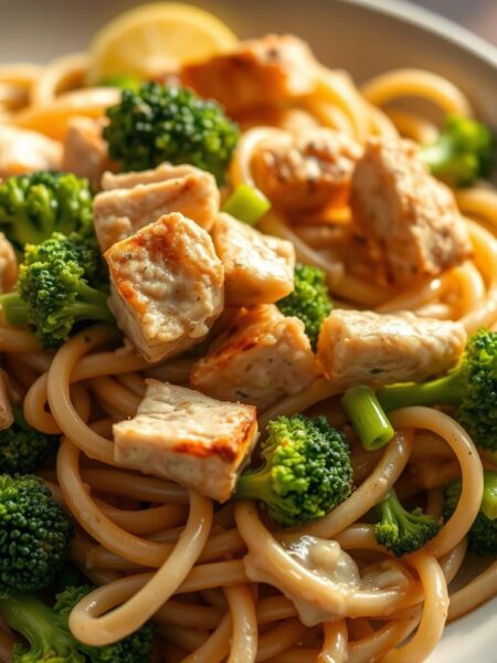 A close-up shot of a plate of whole wheat pasta, tossed with tender pieces of grilled chicken and vibrant green broccoli florets. The pasta is lightly coated in a creamy, garlic-infused sauce, creating a harmonious blend of flavors. The dish is lit from the side, casting warm shadows and highlighting the inviting textures. The background is blurred, keeping the focus on the appetizing pasta arrangement. The overall scene exudes a sense of healthiness and comfort, fitting the "light and healthy" theme of the article section.