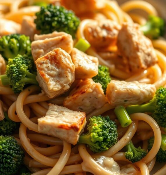 A close-up shot of a plate of whole wheat pasta, tossed with tender pieces of grilled chicken and vibrant green broccoli florets. The pasta is lightly coated in a creamy, garlic-infused sauce, creating a harmonious blend of flavors. The dish is lit from the side, casting warm shadows and highlighting the inviting textures. The background is blurred, keeping the focus on the appetizing pasta arrangement. The overall scene exudes a sense of healthiness and comfort, fitting the "light and healthy" theme of the article section.