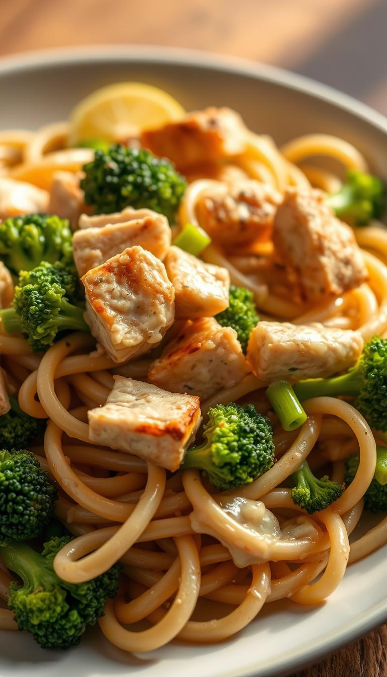 A close-up shot of a plate of whole wheat pasta, tossed with tender pieces of grilled chicken and vibrant green broccoli florets. The pasta is lightly coated in a creamy, garlic-infused sauce, creating a harmonious blend of flavors. The dish is lit from the side, casting warm shadows and highlighting the inviting textures. The background is blurred, keeping the focus on the appetizing pasta arrangement. The overall scene exudes a sense of healthiness and comfort, fitting the "light and healthy" theme of the article section.