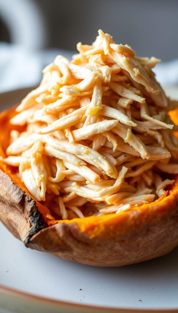 A close-up shot of a stack of shredded chicken breast, perfectly cooked and glistening with a light coat of olive oil. The chicken is nestled atop a golden-brown, baked sweet potato, which has been halved and scooped out to create a natural bowl. The sweet potato's vibrant orange flesh contrasts beautifully with the shredded chicken. The lighting is soft and natural, highlighting the texture and color of the ingredients. The composition is balanced and inviting, conveying a sense of warmth and home-cooked comfort. The overall mood is one of simplicity and wholesome nourishment.