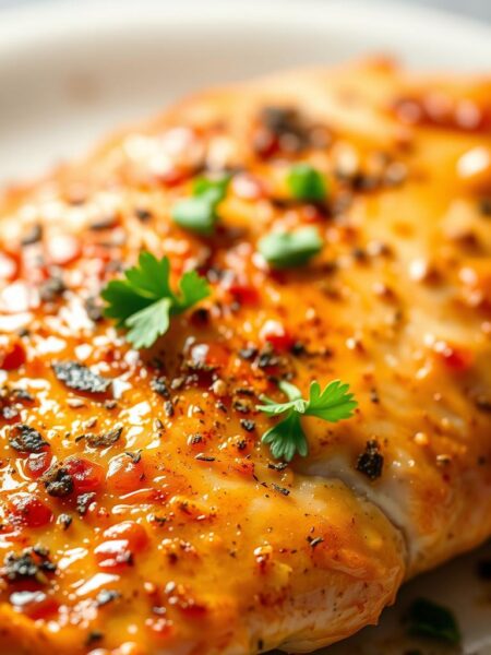 A close-up shot of a succulent, golden-brown chicken breast, seasoned with a flavorful blend of Italian herbs and spices. The chicken is glistening under soft, natural lighting, showcasing its crisp, evenly cooked surface. In the middle ground, a sprinkle of freshly chopped parsley adds a vibrant pop of green, complementing the warm earthy tones. The background is a minimalist, out-of-focus surface, allowing the star of the dish to take center stage. The overall mood is one of simple, rustic elegance, inviting the viewer to imagine the tender, juicy texture and the aromatic, Mediterranean-inspired flavors of this Italian-seasoned chicken breast.