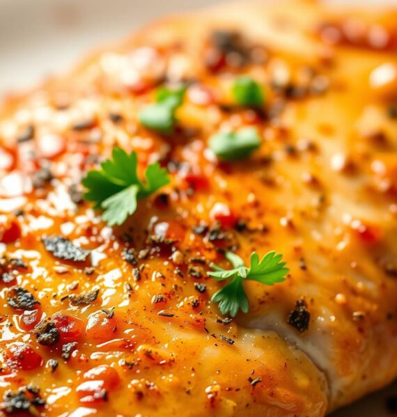 A close-up shot of a succulent, golden-brown chicken breast, seasoned with a flavorful blend of Italian herbs and spices. The chicken is glistening under soft, natural lighting, showcasing its crisp, evenly cooked surface. In the middle ground, a sprinkle of freshly chopped parsley adds a vibrant pop of green, complementing the warm earthy tones. The background is a minimalist, out-of-focus surface, allowing the star of the dish to take center stage. The overall mood is one of simple, rustic elegance, inviting the viewer to imagine the tender, juicy texture and the aromatic, Mediterranean-inspired flavors of this Italian-seasoned chicken breast.