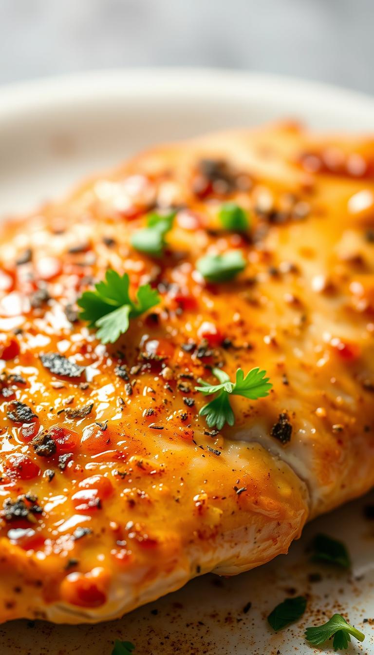 A close-up shot of a succulent, golden-brown chicken breast, seasoned with a flavorful blend of Italian herbs and spices. The chicken is glistening under soft, natural lighting, showcasing its crisp, evenly cooked surface. In the middle ground, a sprinkle of freshly chopped parsley adds a vibrant pop of green, complementing the warm earthy tones. The background is a minimalist, out-of-focus surface, allowing the star of the dish to take center stage. The overall mood is one of simple, rustic elegance, inviting the viewer to imagine the tender, juicy texture and the aromatic, Mediterranean-inspired flavors of this Italian-seasoned chicken breast.