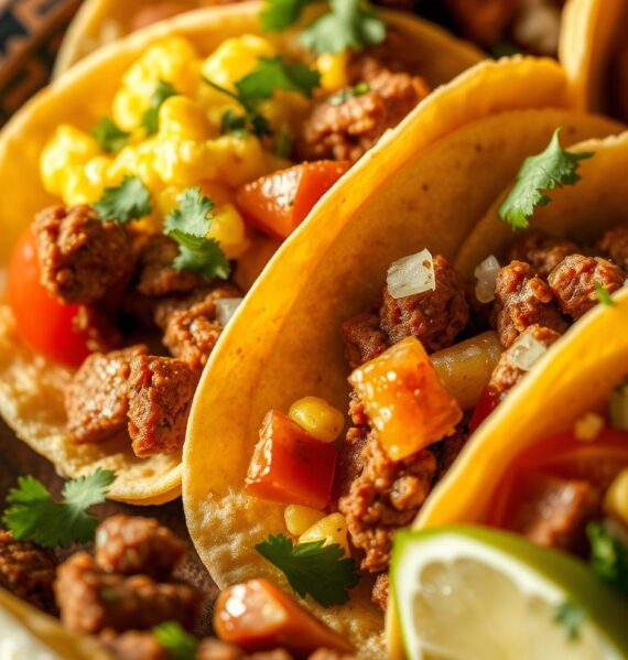 A close-up shot of freshly prepared Mexican breakfast tacos, with soft corn tortillas filled with fluffy scrambled eggs, crumbled chorizo sausage, diced tomatoes, and diced onions. The tacos are garnished with a sprinkle of chopped cilantro and a squeeze of fresh lime juice, giving them a vibrant, authentic appearance. The lighting is warm and natural, creating a cozy, inviting atmosphere. The tacos are arranged on a rustic wooden surface, with a minimalist background allowing the dish to be the focal point.