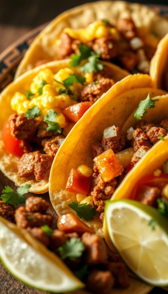 A close-up shot of freshly prepared Mexican breakfast tacos, with soft corn tortillas filled with fluffy scrambled eggs, crumbled chorizo sausage, diced tomatoes, and diced onions. The tacos are garnished with a sprinkle of chopped cilantro and a squeeze of fresh lime juice, giving them a vibrant, authentic appearance. The lighting is warm and natural, creating a cozy, inviting atmosphere. The tacos are arranged on a rustic wooden surface, with a minimalist background allowing the dish to be the focal point.