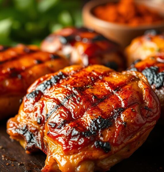 A close-up shot of juicy tandoori-spiced chicken thighs grilled to perfection, with a crispy skin and a vibrant, rusty-red hue. The chicken is glistening with its own natural juices, arranged on a dark, textured wooden surface. In the background, a soft blur of aromatic herbs and spices, evoking the fragrant flavors of the Indian subcontinent. The scene is illuminated by warm, golden lighting, casting a cozy, inviting atmosphere. The image showcases the mouthwatering appearance and tantalizing aroma of this flavorful grilled chicken dish.