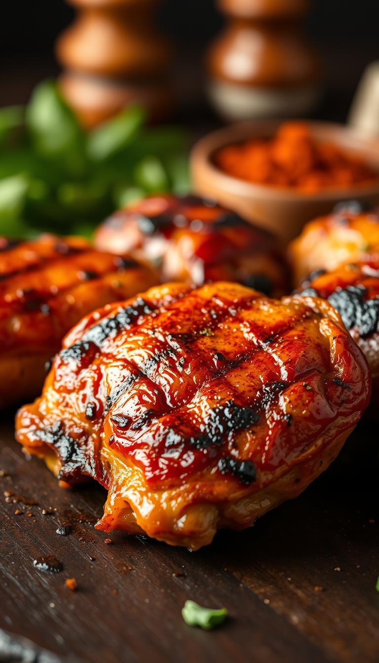 A close-up shot of juicy tandoori-spiced chicken thighs grilled to perfection, with a crispy skin and a vibrant, rusty-red hue. The chicken is glistening with its own natural juices, arranged on a dark, textured wooden surface. In the background, a soft blur of aromatic herbs and spices, evoking the fragrant flavors of the Indian subcontinent. The scene is illuminated by warm, golden lighting, casting a cozy, inviting atmosphere. The image showcases the mouthwatering appearance and tantalizing aroma of this flavorful grilled chicken dish.