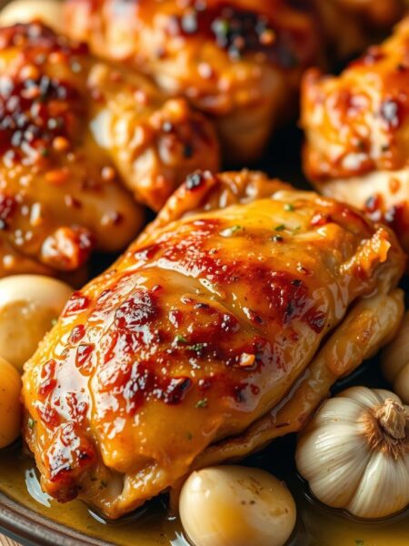 A close-up shot of perfectly golden-brown baked chicken thighs, skin crisped to perfection, resting on a simple plate or wooden board. The thighs are generously coated in a glistening garlic-infused butter sauce, with whole garlic cloves nestled alongside. The lighting is soft and warm, illuminating the succulent meat and highlighting the delectable sauce. The composition draws the viewer's eye to the center of the frame, emphasizing the star of the dish. The overall mood is inviting and mouthwatering, perfectly capturing the essence of this easy and flavorful weeknight recipe.