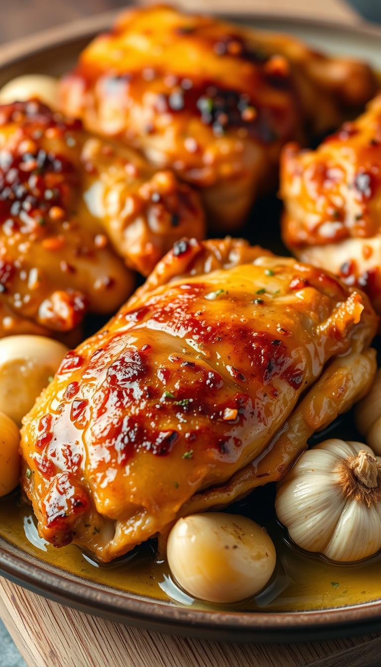 A close-up shot of perfectly golden-brown baked chicken thighs, skin crisped to perfection, resting on a simple plate or wooden board. The thighs are generously coated in a glistening garlic-infused butter sauce, with whole garlic cloves nestled alongside. The lighting is soft and warm, illuminating the succulent meat and highlighting the delectable sauce. The composition draws the viewer's eye to the center of the frame, emphasizing the star of the dish. The overall mood is inviting and mouthwatering, perfectly capturing the essence of this easy and flavorful weeknight recipe.