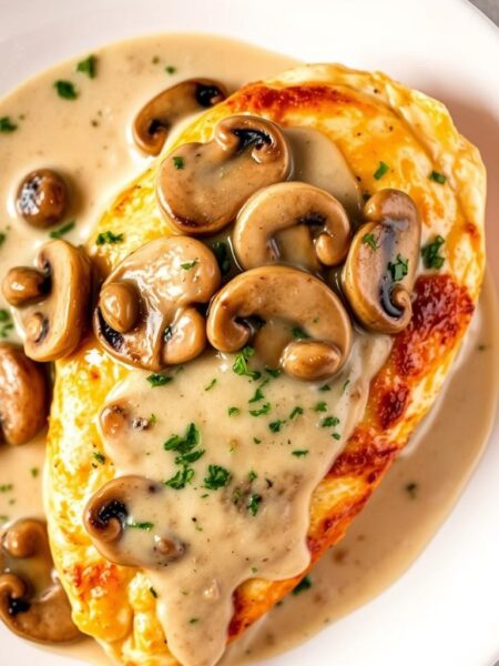 A close-up view of a freshly baked chicken breast, glistening with a creamy mushroom sauce. The chicken is perfectly golden brown, with a tender, juicy interior. The sauce is a rich, velvety blend of sautéed mushrooms, heavy cream, and aromatic herbs, creating a harmonious balance of flavors. The plate is set against a simple, neutral background, allowing the main dish to take center stage. The lighting is soft and warm, casting a cozy, inviting atmosphere. The camera angle is slightly elevated, highlighting the succulent texture of the chicken and the luscious sauce. This image perfectly captures the comforting and appetizing nature of this easy baked chicken breast recipe with a delectable creamy mushroom topping.
