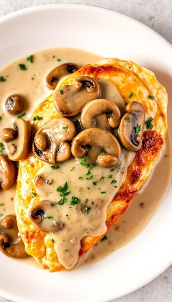 A close-up view of a freshly baked chicken breast, glistening with a creamy mushroom sauce. The chicken is perfectly golden brown, with a tender, juicy interior. The sauce is a rich, velvety blend of sautéed mushrooms, heavy cream, and aromatic herbs, creating a harmonious balance of flavors. The plate is set against a simple, neutral background, allowing the main dish to take center stage. The lighting is soft and warm, casting a cozy, inviting atmosphere. The camera angle is slightly elevated, highlighting the succulent texture of the chicken and the luscious sauce. This image perfectly captures the comforting and appetizing nature of this easy baked chicken breast recipe with a delectable creamy mushroom topping.